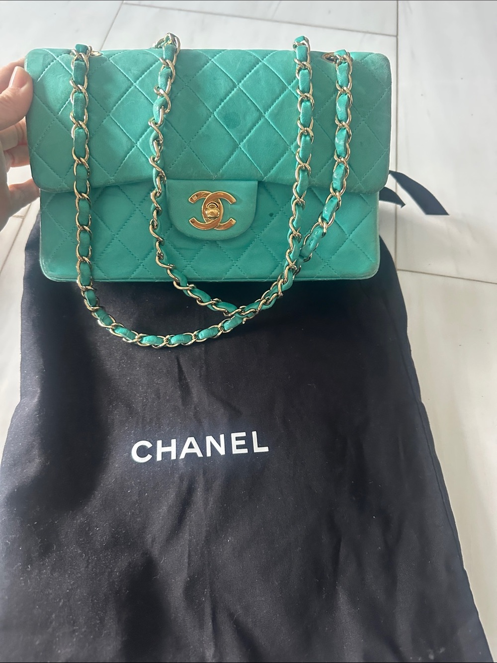 CHANEL Quilted Shoulder Bag in Teal with Gold Hardware
